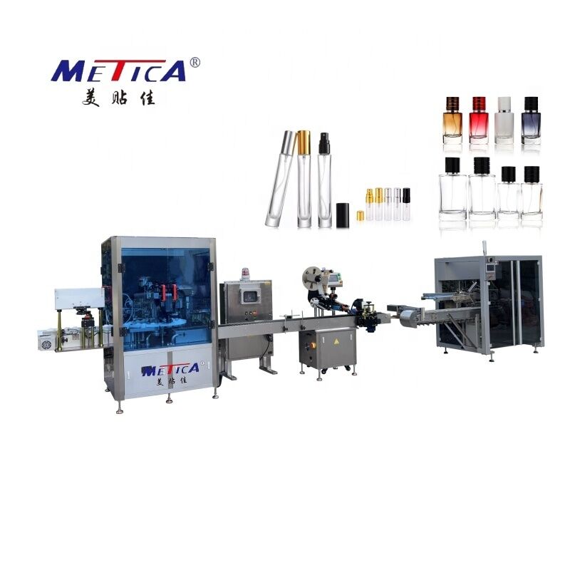 Entry-Level Automatic Essential Oil Filling Crimping Labeling Boxing Line 1200-1800BPH 2-Head Gear Pump Single Crimp
