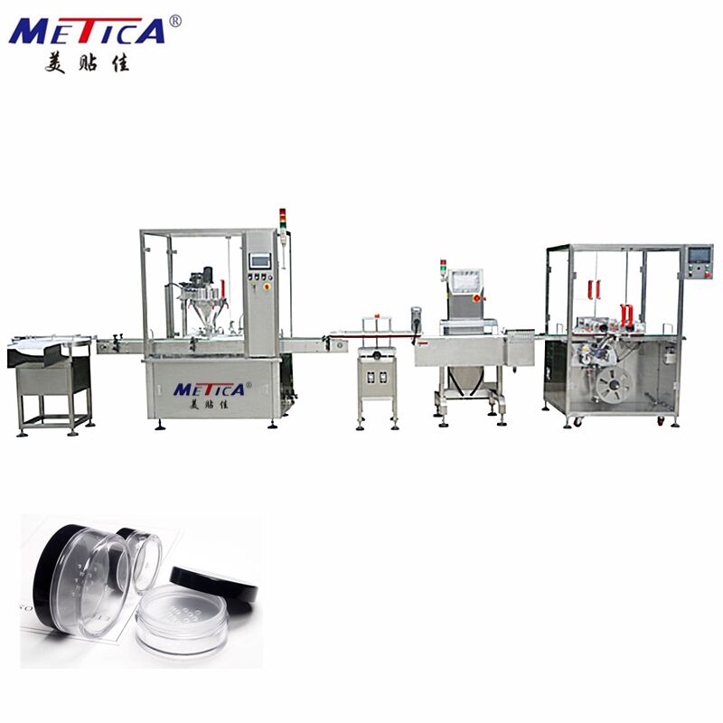 Automatic Production Line for Cosmetic Loose Powder Filling , Stoppering , Puff Loading , Capping and Labeling
